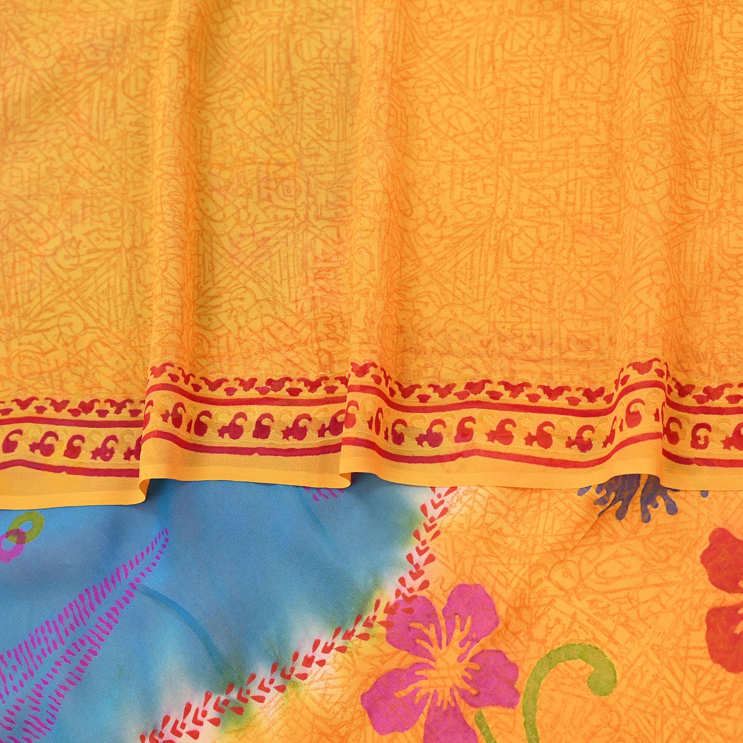 Indian Vintage Sari Saffron & Blue Pure Georgette Silk Printed Sarees Craft Fabric Sewing 5Yard Soft Light Dress Making Abstract