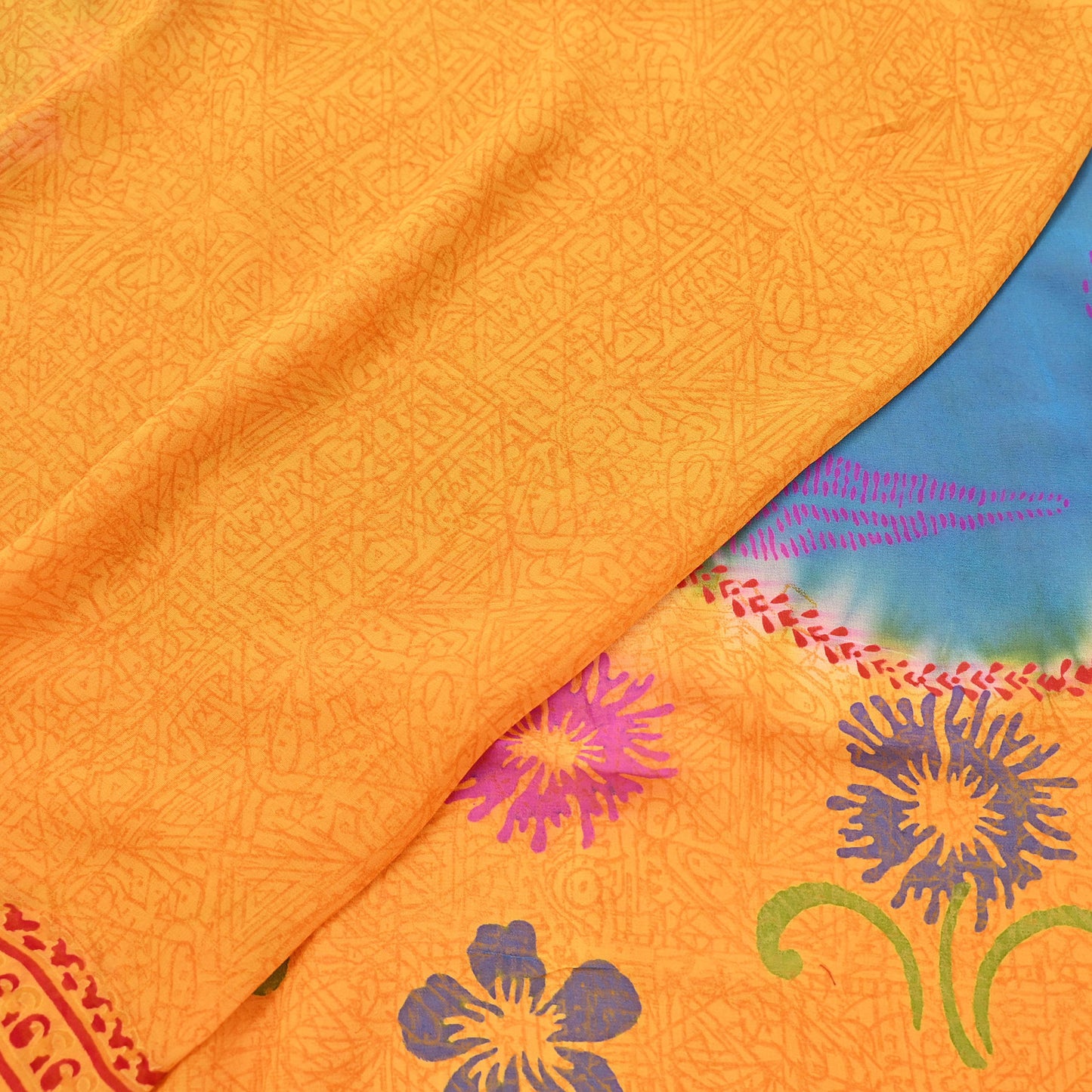 Indian Vintage Sari Saffron & Blue Pure Georgette Silk Printed Sarees Craft Fabric Sewing 5Yard Soft Light Dress Making Abstract