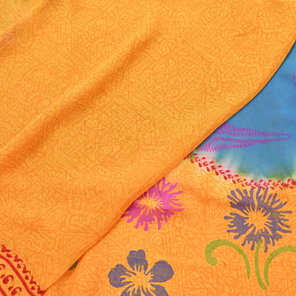 Indian Vintage Sari Saffron & Blue Pure Georgette Silk Printed Sarees Craft Fabric Sewing 5Yard Soft Light Dress Making Abstract