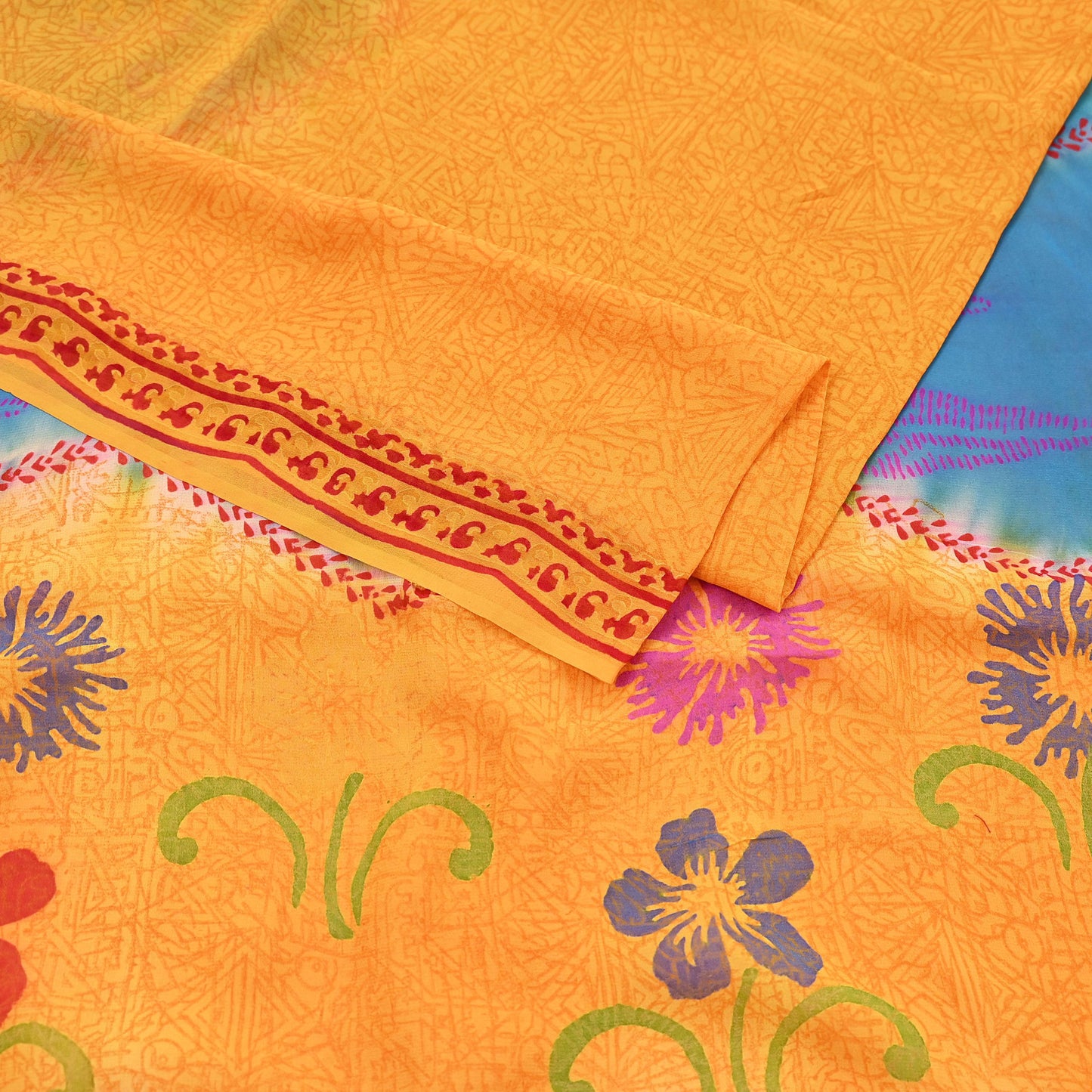 Indian Vintage Sari Saffron & Blue Pure Georgette Silk Printed Sarees Craft Fabric Sewing 5Yard Soft Light Dress Making Abstract
