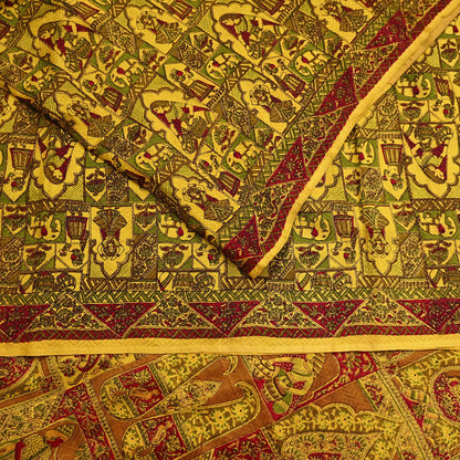 Indian Vintage Sari Yellow Pure Silk Printed Saree 6yd Sewing Craft Fabric DressMaking Soft Crafting Quilting Upcycle