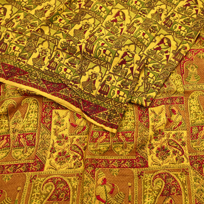 Indian Vintage Sari Yellow Pure Silk Printed Saree 6yd Sewing Craft Fabric DressMaking Soft Crafting Quilting Upcycle