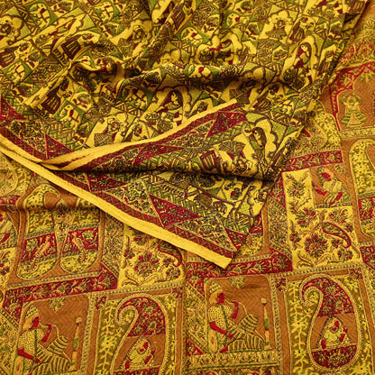 Indian Vintage Sari Yellow Pure Silk Printed Saree 6yd Sewing Craft Fabric DressMaking Soft Crafting Quilting Upcycle