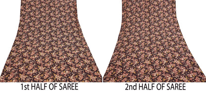 Indian Vintage Sari Brown Printed 100% Pure Silk Sarees 5yd Sewing Craft Fabric Soft Dress Making Wrap Floral Upcycle Quilting Crafting Used