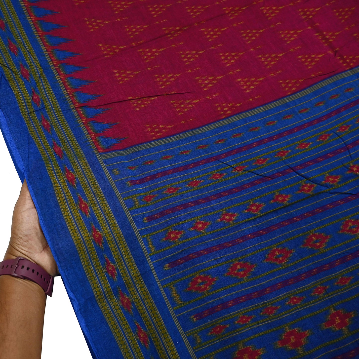 Indian Vintage Blue & Red Saree Ikat Printed Pure Cotton Sari Craft Fabric 5Yard Sewing Sarong Wrap Boho Dress Making Quilting Upcycle