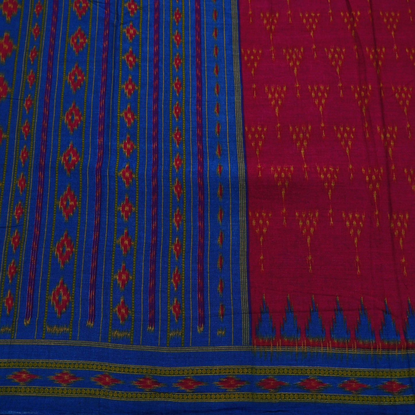Indian Vintage Blue & Red Saree Ikat Printed Pure Cotton Sari Craft Fabric 5Yard Sewing Sarong Wrap Boho Dress Making Quilting Upcycle