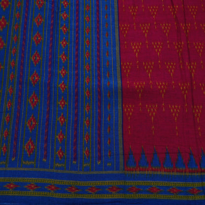 Indian Vintage Blue & Red Saree Ikat Printed Pure Cotton Sari Craft Fabric 5Yard Sewing Sarong Wrap Boho Dress Making Quilting Upcycle