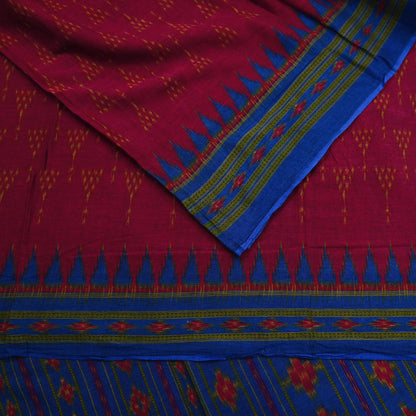 Indian Vintage Blue & Red Saree Ikat Printed Pure Cotton Sari Craft Fabric 5Yard Sewing Sarong Wrap Boho Dress Making Quilting Upcycle