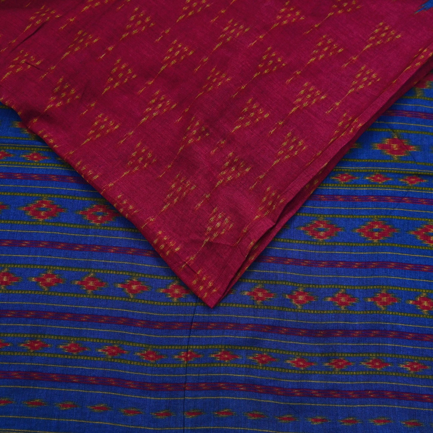 Indian Vintage Blue & Red Saree Ikat Printed Pure Cotton Sari Craft Fabric 5Yard Sewing Sarong Wrap Boho Dress Making Quilting Upcycle