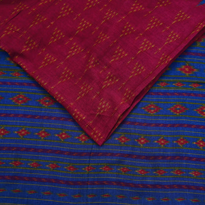 Indian Vintage Blue & Red Saree Ikat Printed Pure Cotton Sari Craft Fabric 5Yard Sewing Sarong Wrap Boho Dress Making Quilting Upcycle