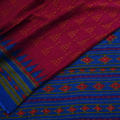 Indian Vintage Blue & Red Saree Ikat Printed Pure Cotton Sari Craft Fabric 5Yard Sewing Sarong Wrap Boho Dress Making Quilting Upcycle