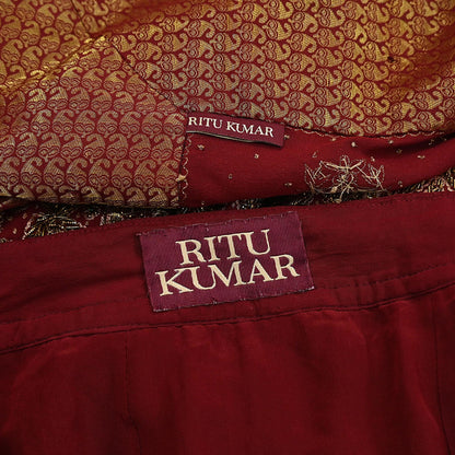 Indian Maroon Pure Silk Ritu Kumar Lehenga 3pcs Set Hand Embroidered Bridal Outfit  Designer Bollywood Party Wear Ethnic Dress