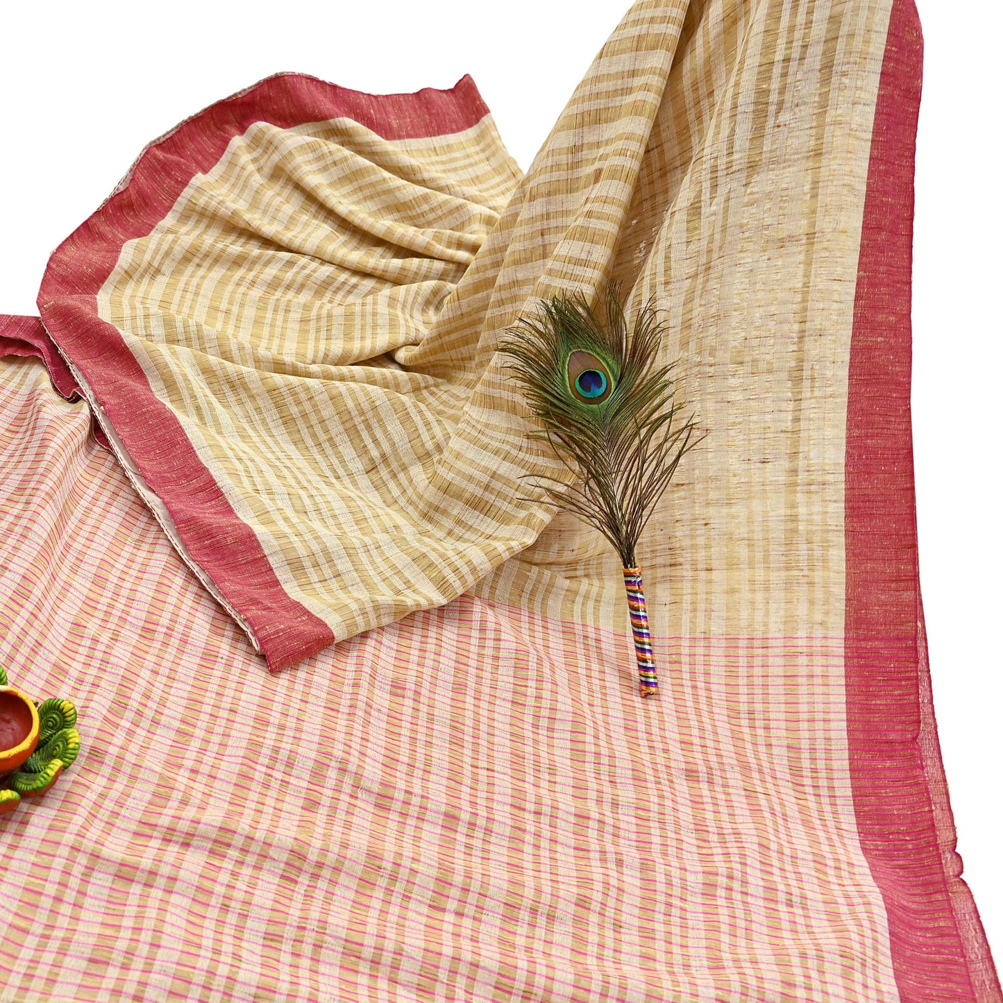 Indian Vintage Sari Beige Woven 100% Pure Cotton Sarees Craft Fabric 6Yd Stripes Upcycle Quilting Crafting Dress making Upcycle Boho Wrap