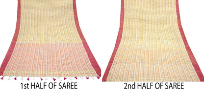 Indian Vintage Sari Beige Woven 100% Pure Cotton Sarees Craft Fabric 6Yd Stripes Upcycle Quilting Crafting Dress making Upcycle Boho Wrap