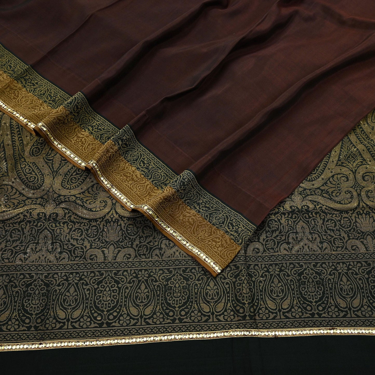 Indian Vintage Sari Brown & Black 100% Pure Silk Hand Woven Sarees Craft Fabric 5Yd Ethnic Sewing Dress making Crafting Quilting Upcycle