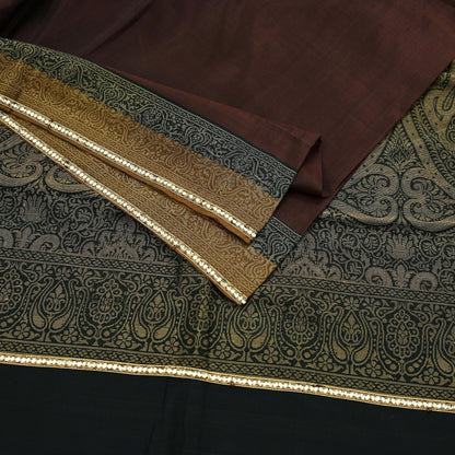 Indian Vintage Sari Brown & Black 100% Pure Silk Hand Woven Sarees Craft Fabric 5Yd Ethnic Sewing Dress making Crafting Quilting Upcycle