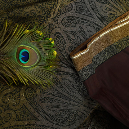 Indian Vintage Sari Brown & Black 100% Pure Silk Hand Woven Sarees Craft Fabric 5Yd Ethnic Sewing Dress making Crafting Quilting Upcycle