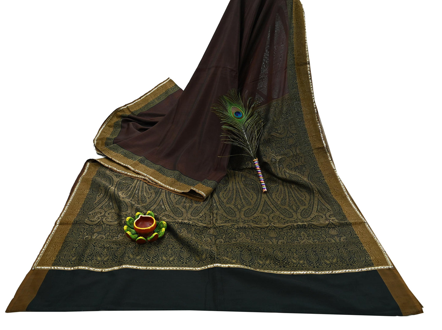 Indian Vintage Sari Brown & Black 100% Pure Silk Hand Woven Sarees Craft Fabric 5Yd Ethnic Sewing Dress making Crafting Quilting Upcycle