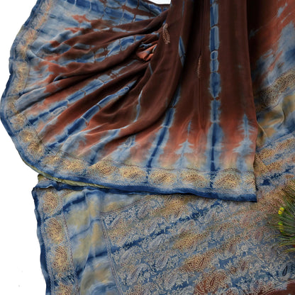 Indian Vintage Saree Pure Crepe Silk Hand Embroidered Tie-Dye Sari Fabric 6yard Sewing Craft Fabric Ethnic Dressmaking Crafting Zardozi Zari