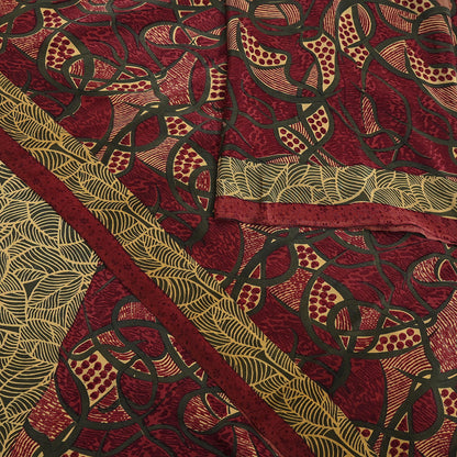 Indian Vintage Sari Maroon & Green Pure Crepe Silk Block Printed Saree 5yard Sewing Quilting Floral Soft Craft Fabric Wrap