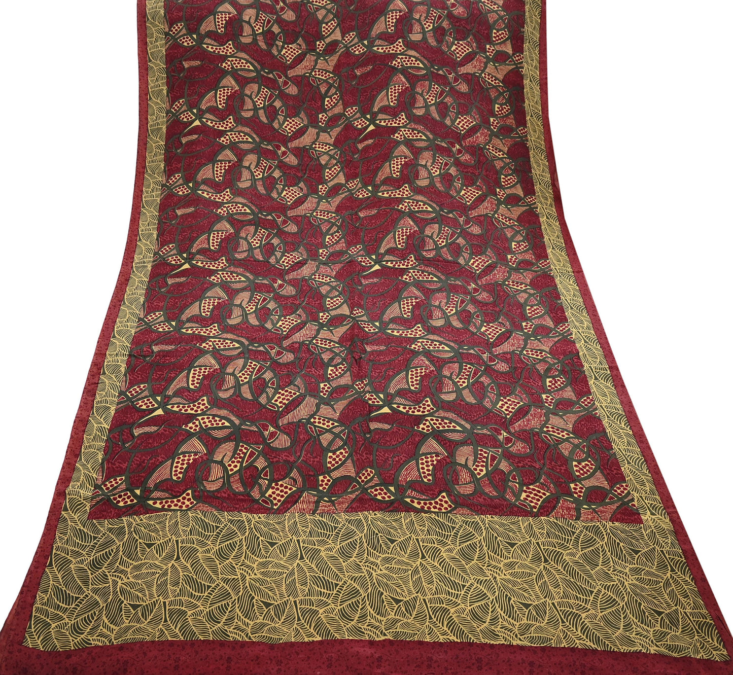Indian Vintage Sari Maroon & Green Pure Crepe Silk Block Printed Saree 5yard Sewing Quilting Floral Soft Craft Fabric Wrap