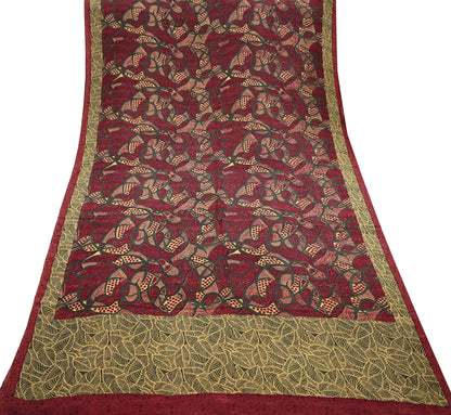 Indian Vintage Sari Maroon & Green Pure Crepe Silk Block Printed Saree 5yard Sewing Quilting Floral Soft Craft Fabric Wrap