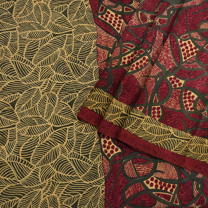 Indian Vintage Sari Maroon & Green Pure Crepe Silk Block Printed Saree 5yard Sewing Quilting Floral Soft Craft Fabric Wrap