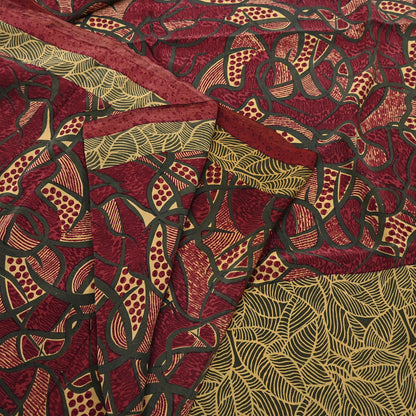 Indian Vintage Sari Maroon & Green Pure Crepe Silk Block Printed Saree 5yard Sewing Quilting Floral Soft Craft Fabric Wrap