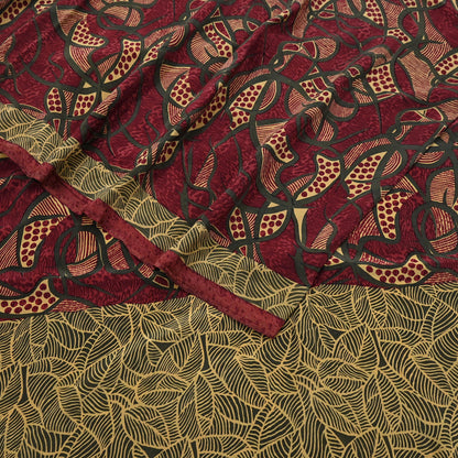 Indian Vintage Sari Maroon & Green Pure Crepe Silk Block Printed Saree 5yard Sewing Quilting Floral Soft Craft Fabric Wrap