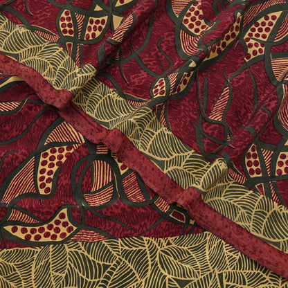 Indian Vintage Sari Maroon & Green Pure Crepe Silk Block Printed Saree 5yard Sewing Quilting Floral Soft Craft Fabric Wrap