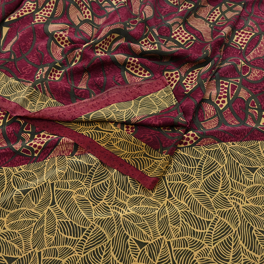 Indian Vintage Sari Maroon & Green Pure Crepe Silk Block Printed Saree 5yard Sewing Quilting Floral Soft Craft Fabric Wrap
