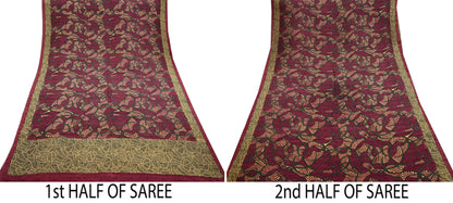 Indian Vintage Sari Maroon & Green Pure Crepe Silk Block Printed Saree 5yard Sewing Quilting Floral Soft Craft Fabric Wrap
