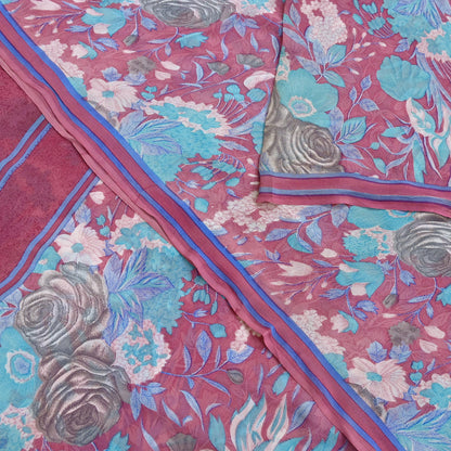 Indian Vintage Sari Pink Pure Georgette Silk Printed Saree Craft Fabric Sewing 6Yd Soft Light Dress Making Crafting Quilting Upcycle