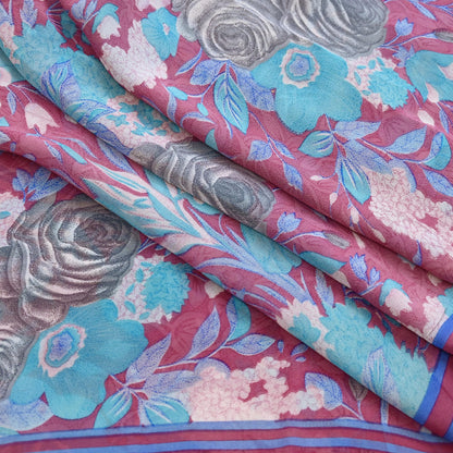 Indian Vintage Sari Pink Pure Georgette Silk Printed Saree Craft Fabric Sewing 6Yd Soft Light Dress Making Crafting Quilting Upcycle