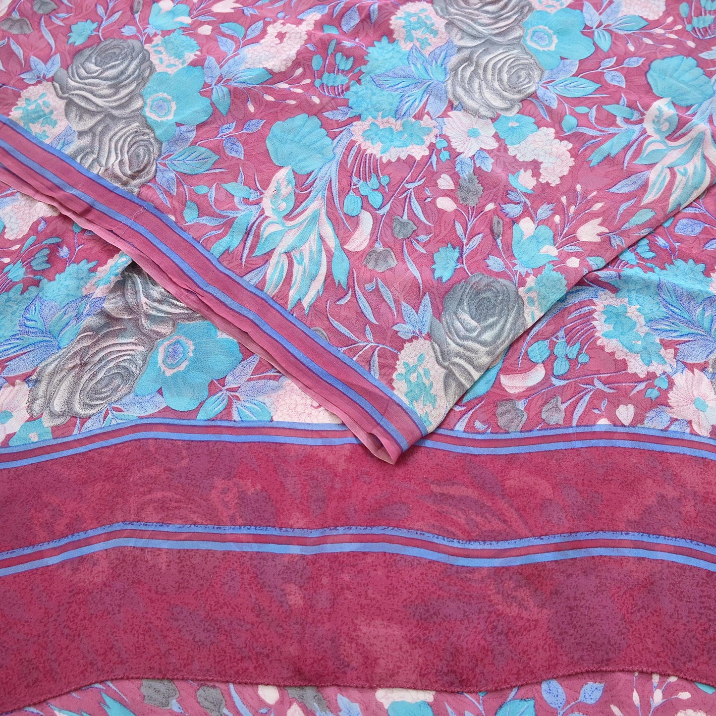 Indian Vintage Sari Pink Pure Georgette Silk Printed Saree Craft Fabric Sewing 6Yd Soft Light Dress Making Crafting Quilting Upcycle