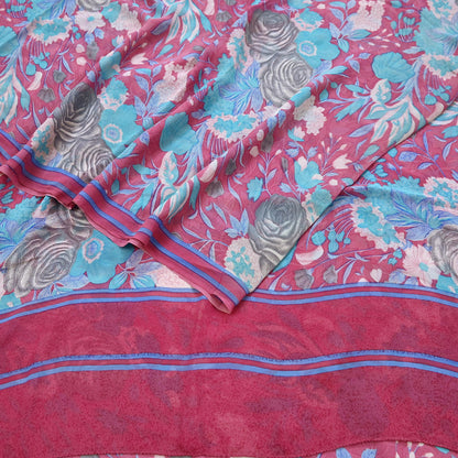 Indian Vintage Sari Pink Pure Georgette Silk Printed Saree Craft Fabric Sewing 6Yd Soft Light Dress Making Crafting Quilting Upcycle