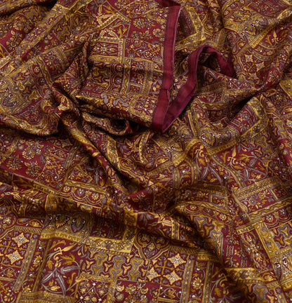 Indian Vintage Sari Maroon 100% Pure Silk Printed Sarees 6yd Craft Fabric Sewing Soft Dress Making Floral Quilting Crafting Upcycle Used