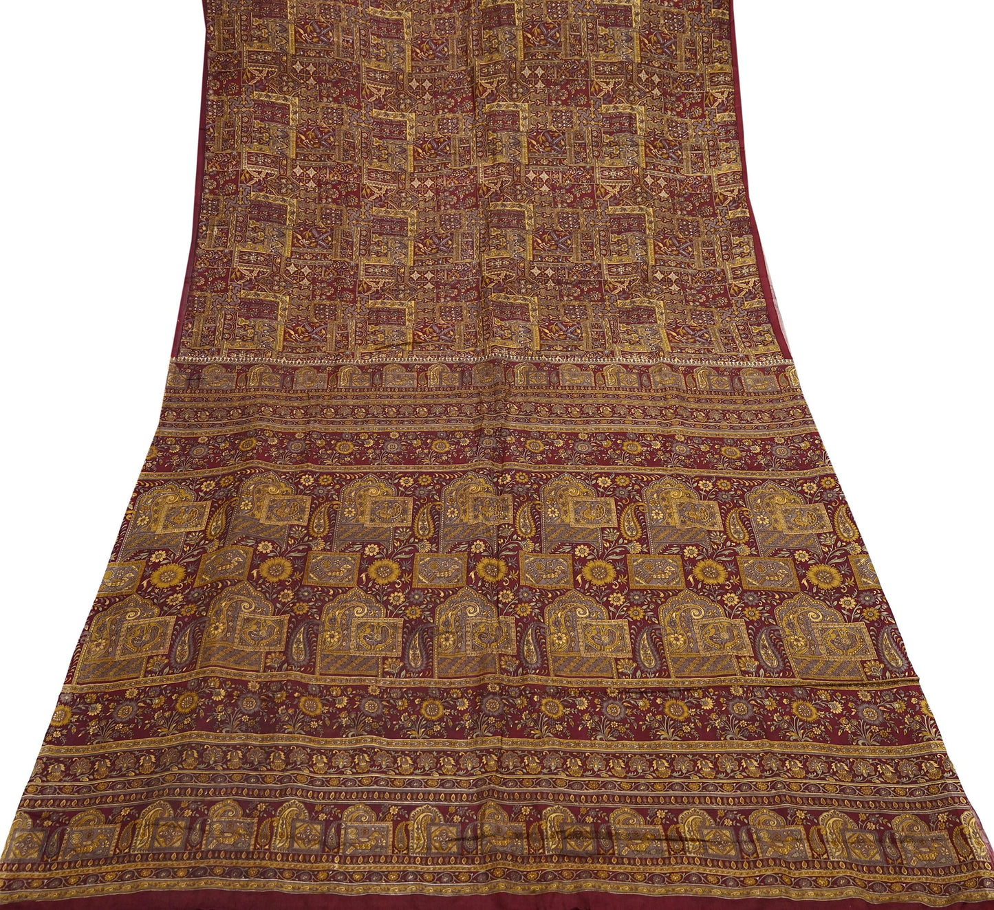 Indian Vintage Sari Maroon 100% Pure Silk Printed Sarees 6yd Craft Fabric Sewing Soft Dress Making Floral Quilting Crafting Upcycle Used
