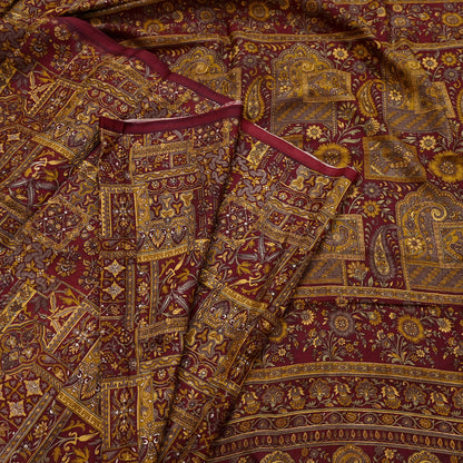 Indian Vintage Sari Maroon 100% Pure Silk Printed Sarees 6yd Craft Fabric Sewing Soft Dress Making Floral Quilting Crafting Upcycle Used