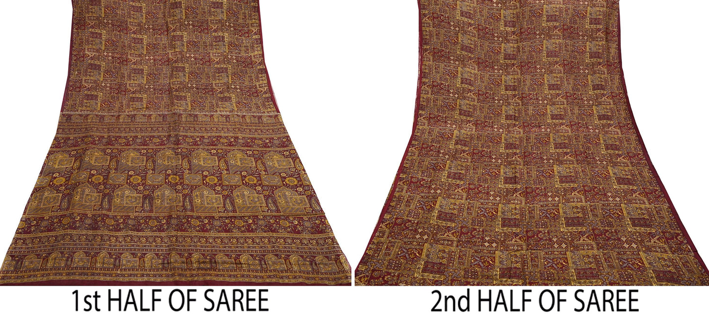 Indian Vintage Sari Maroon 100% Pure Silk Printed Sarees 6yd Craft Fabric Sewing Soft Dress Making Floral Quilting Crafting Upcycle Used