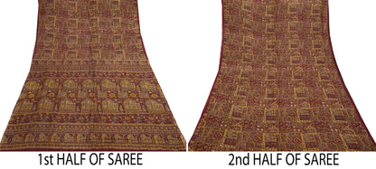 Indian Vintage Sari Maroon 100% Pure Silk Printed Sarees 6yd Craft Fabric Sewing Soft Dress Making Floral Quilting Crafting Upcycle Used