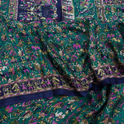 Indian Vintage Sari Green & Blue 100% Pure Silk Printed Sarees 6yd Sewing Craft Fabric Dress Making Soft Wrap Crafting Quilting Upcycle