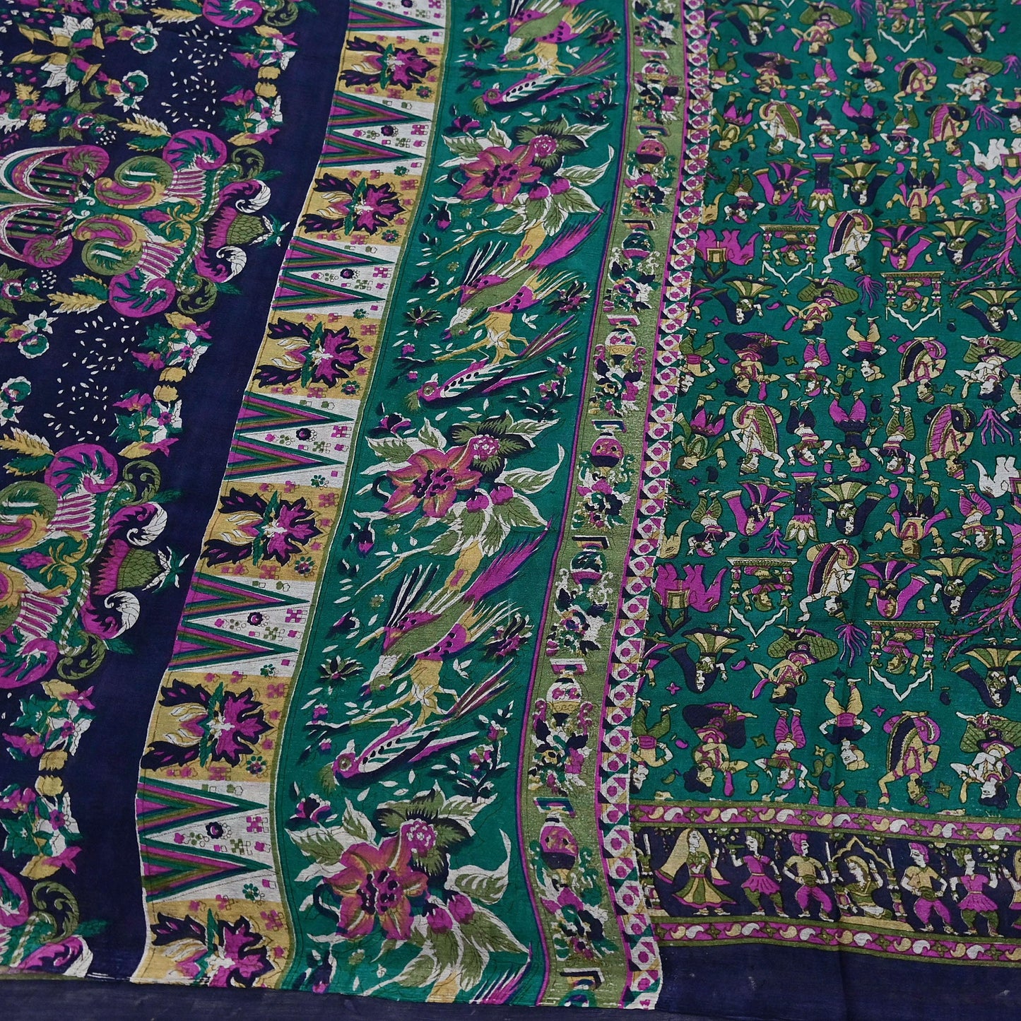 Indian Vintage Sari Green & Blue 100% Pure Silk Printed Sarees 6yd Sewing Craft Fabric Dress Making Soft Wrap Crafting Quilting Upcycle