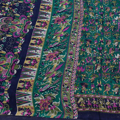 Indian Vintage Sari Green & Blue 100% Pure Silk Printed Sarees 6yd Sewing Craft Fabric Dress Making Soft Wrap Crafting Quilting Upcycle