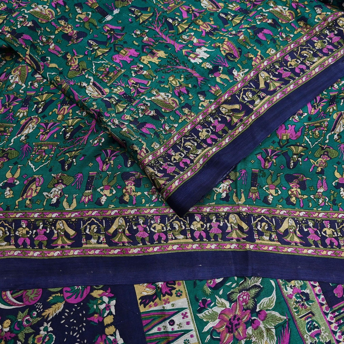 Indian Vintage Sari Green & Blue 100% Pure Silk Printed Sarees 6yd Sewing Craft Fabric Dress Making Soft Wrap Crafting Quilting Upcycle