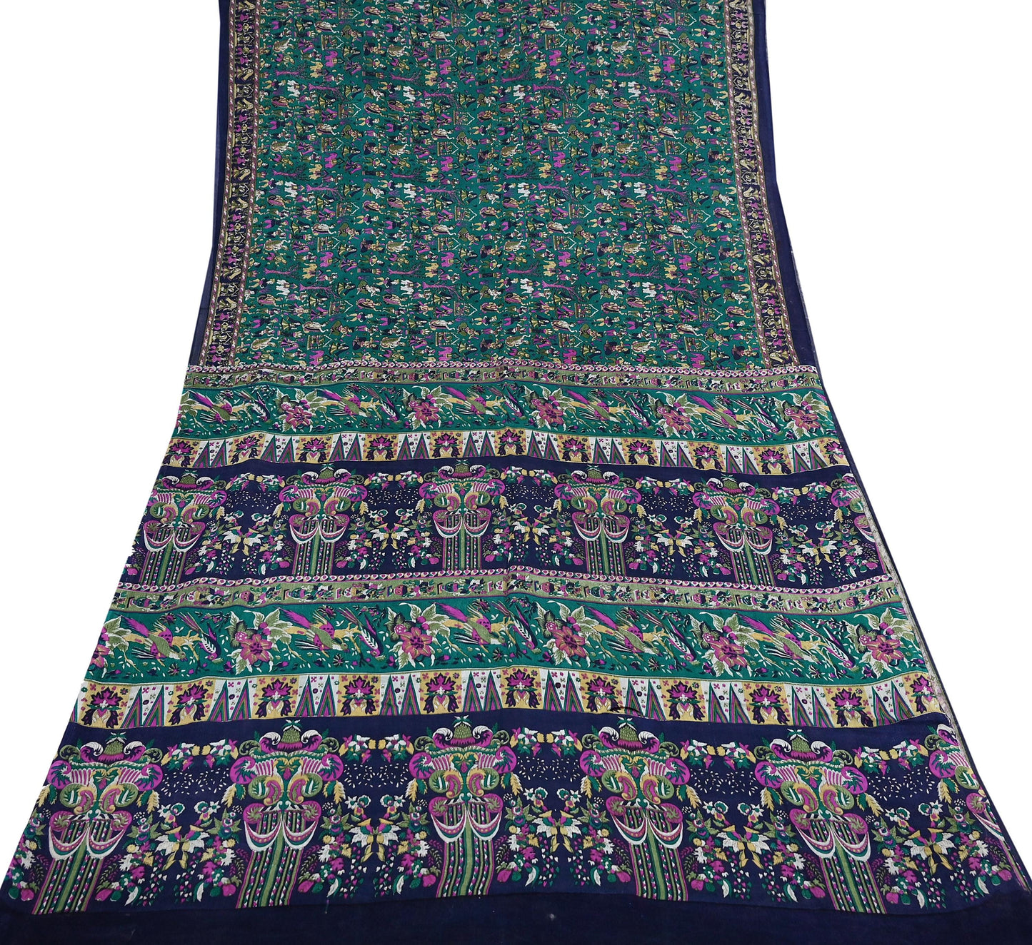 Indian Vintage Sari Green & Blue 100% Pure Silk Printed Sarees 6yd Sewing Craft Fabric Dress Making Soft Wrap Crafting Quilting Upcycle