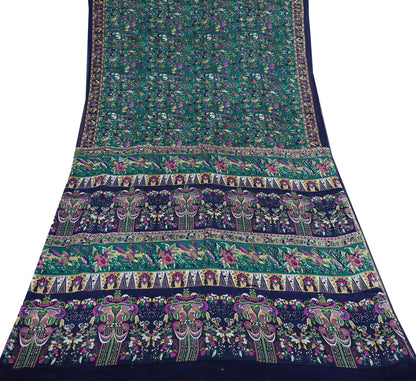 Indian Vintage Sari Green & Blue 100% Pure Silk Printed Sarees 6yd Sewing Craft Fabric Dress Making Soft Wrap Crafting Quilting Upcycle