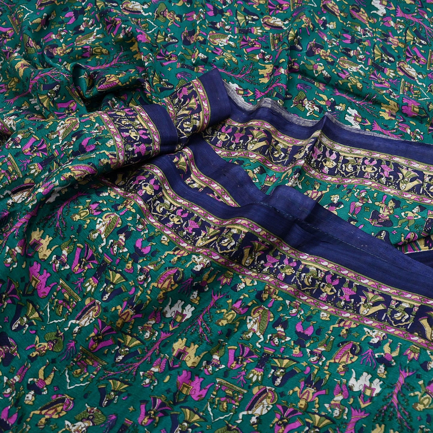 Indian Vintage Sari Green & Blue 100% Pure Silk Printed Sarees 6yd Sewing Craft Fabric Dress Making Soft Wrap Crafting Quilting Upcycle