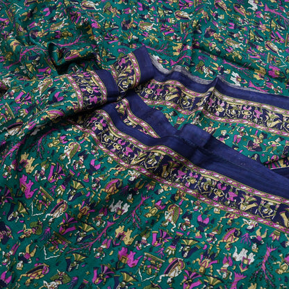 Indian Vintage Sari Green & Blue 100% Pure Silk Printed Sarees 6yd Sewing Craft Fabric Dress Making Soft Wrap Crafting Quilting Upcycle