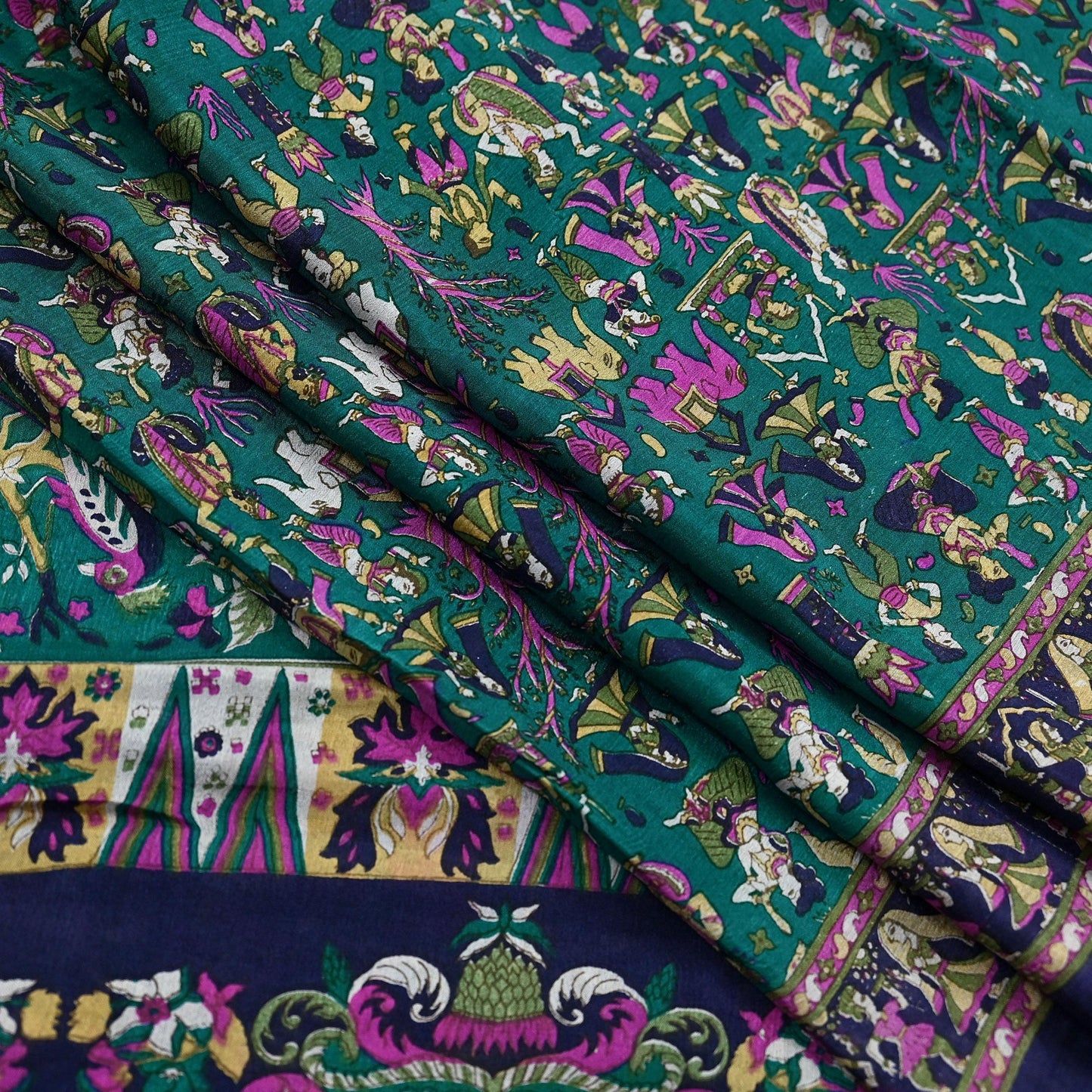 Indian Vintage Sari Green & Blue 100% Pure Silk Printed Sarees 6yd Sewing Craft Fabric Dress Making Soft Wrap Crafting Quilting Upcycle